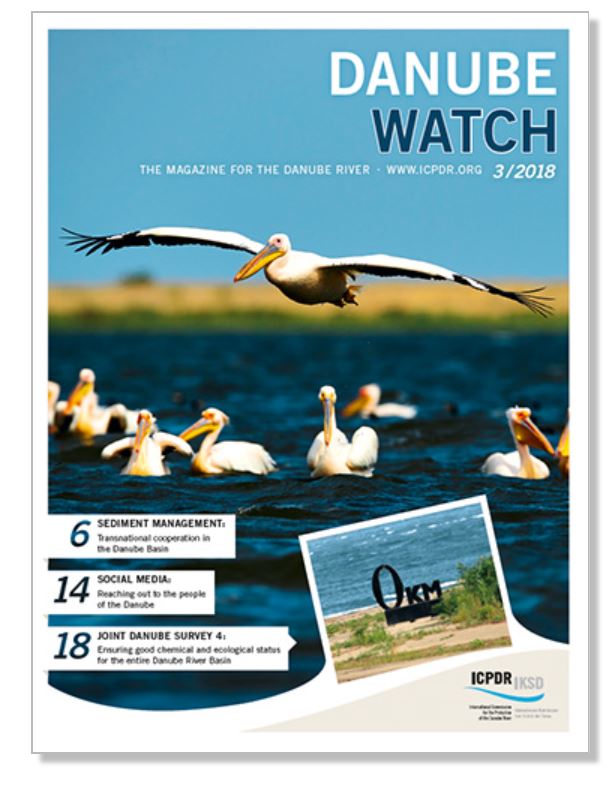 Title page of Danube Watch showing pelicans in the Danube Delta